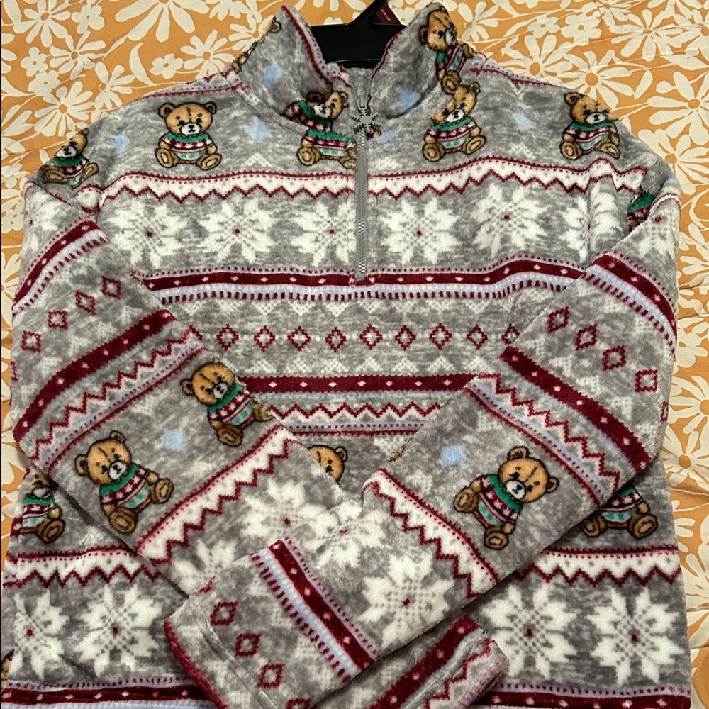 No Boundaries Gray and Red Teddy Bear Zip-Up Sweater